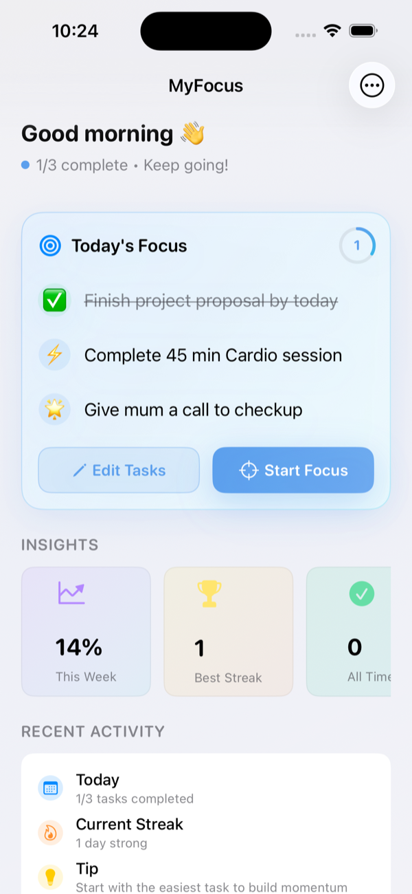 MyFocus app home screen